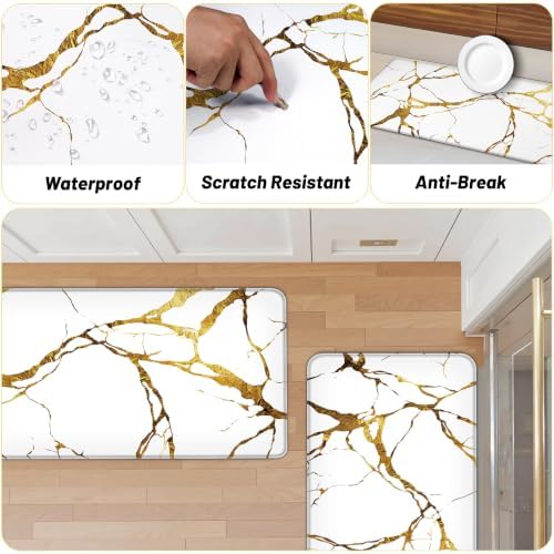 Tyrot Gold White Kitchen Mats for Floor 2 Pcs 17.3"X28"+17.3"X47"