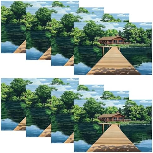 Peaceful Retreat Wooden Structure Linen Placemats, Water Body Lush Foliage Table Mats for Table Washable Heat Insulation Thick Dining Mat, Indoor/Outdoor 12X18 in 8 Pcs