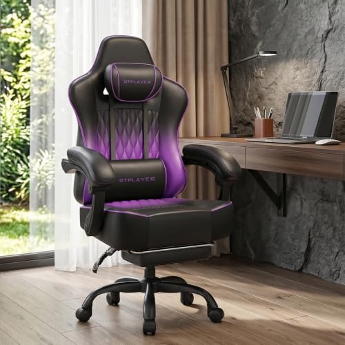 GTPLAYER Big and Tall Gaming Chair with Footrest, Ergonomic Office Desk Chair with 4.4in Thick Cushion and Wide Wingless Seat, Comfortable Leather Computer Chair, Predator Series, Purple Gradient