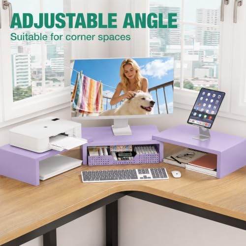 OPNICE Dual Computer Monitor Stand Riser, Desk Organizer with Drawer, Office Desk Accessories & Workspace Organizers for Home Office Supplies, Purple