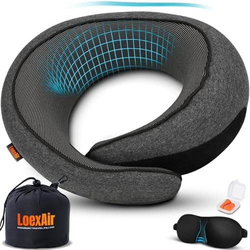 LOEXAIR™ Travel Pillow, Neck Pillow Travel for Airplane, Car - 100% Cotton Fabric & Memory Foam Plane Pillow, Lightweight & Easy-to-Carry on Flight, Full Travel Set (Eye Mask, Earplugs) - Dark Grey