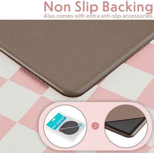 Ohocut Pink Checkered Kitchen Mats for Floor Set of 2, 2 Pcs Cushioned Non Slip Runner Rugs for Kitchen/Sink/Laundry, Comfort Aesthetic Cute Anti-Fatigue Foam Floor Mat 17.3"x29.5"+17.3"x47.2"