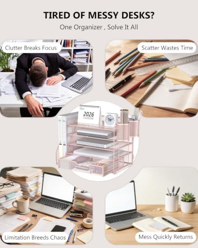 WALI Desk File Organizer, 5 Tier Desktop Paper Letter Tray Organizer with Drawer and 2 Pen Holders, Office Desk Accessories & Workspace Organizers for Office, Home Supplies(DO006DH-P), 1 Pack, Pink