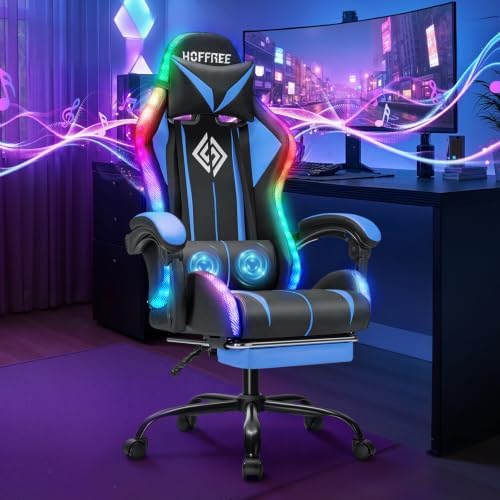 HOFFREE RGB Gaming Chair with Speakers Massage LED Lights Game Chair-Blue