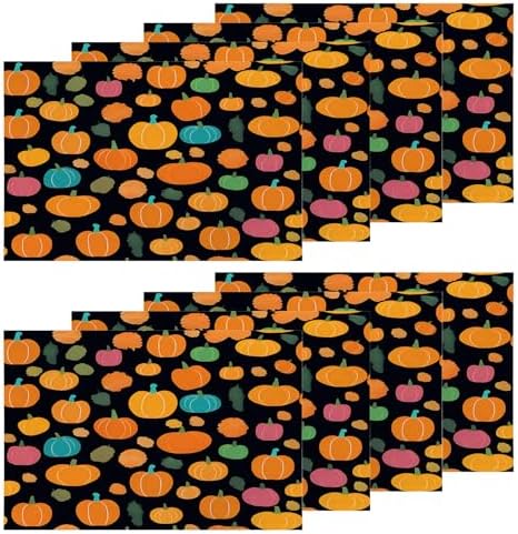 Shrahala Cute Halloween Pumpkins Set of 8 12 X 18 Inch Linen Placemats, Black Background Pink Blue Tiny Squash Burlap Table Mat Washable Double Layered Heat Insulation for Indoor/Outdoor