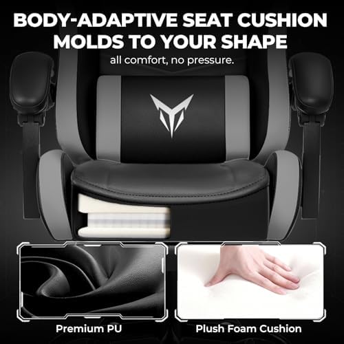 GTPLAYER Gaming Chair for Adults, Big and Tall 300LBS Heavy Duty Office Chair with Footrest, Ergonomic High Back Lumbar Support and Wide Comfy Cushion with Linkage Armrests for Home Office, Grey