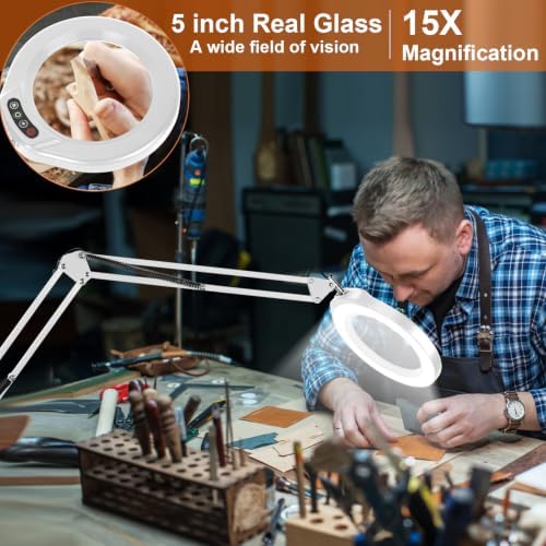 VEEMAGNI 5 Inch Large Real Glass Magnifying Glass with Light and Stand, 5 Color Modes Stepless Dimmable, 2*16 Inch Swivel Arm LED Clamp Desk Lamp, Hands Free 15X Lighted Magnifier for Crafting-White