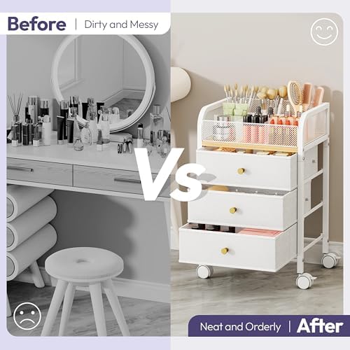 SWTYMIKI Rolling Makeup Organizer Cart - 14.96″*11.81″*23.03″ Widened Under Desk Vanity Storage with 3 Non-woven Drawers, Cosmetic Display Cases for Skin Care Perfume Nail Polish Brush Hair Tool White