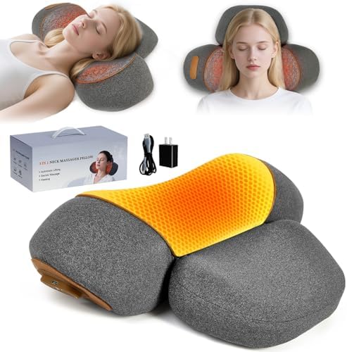 3-in-1 Rechargeable Wireless Heating Neck Massage Pillow—Relieves Neck Pain; Combines Heat Therapy, Massage, and Stretching Functions in One Ergonomic Neck and Shoulder Relaxer (Gray)