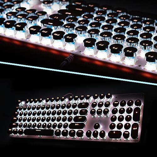 YSCP Typewriter Style Mechanical Gaming Keyboard White Backlit Wired with Blue Switch Retro Round Keycap 104 Keys Keyboard (Pink)