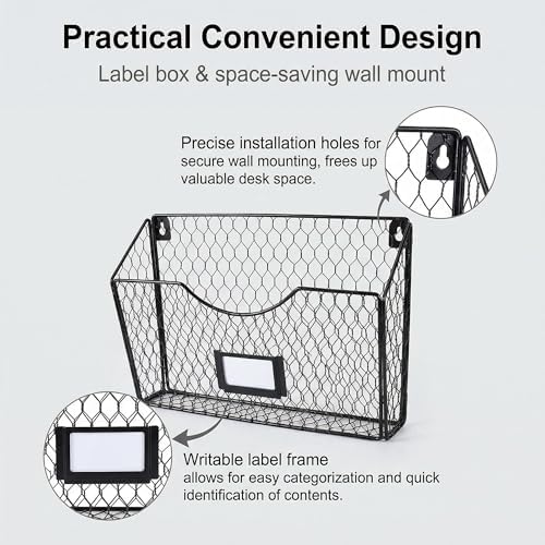 PAG-Mass 3 Pockets Hanging File Holder Wall Mount Mail Organizer Metal Chicken Wire Magazine Rack with Tag Slot, Black