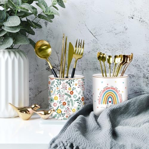 Pen Holder, Ceramic Durable Pencil Cup for Desk， Simple&Modern Style Makeup Organizer, Cute Multifunctional Office Supplies for Home, Kids and School, Rainbow Pattern