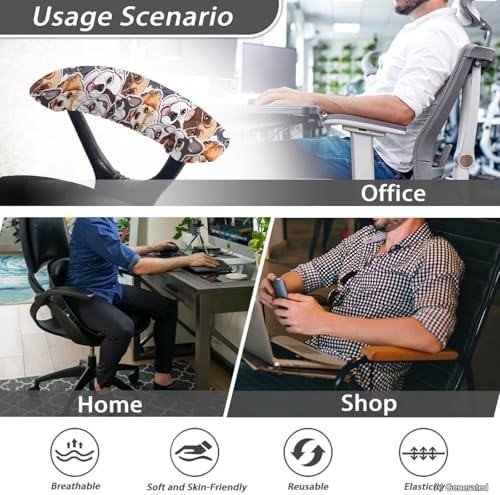 Cute Cartoon Dogs Printed Office Chair Arm Covers Set of 2, Soft Elastic Fabric Chair Arm Rest Covers, Stretchy Washable Office Chair Arm Covers for Desk Chairs Computer Chair