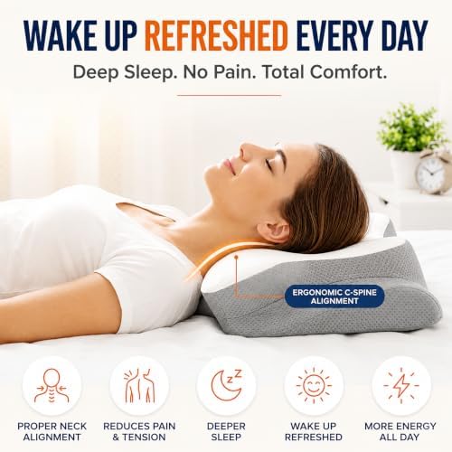 Cervical Neck Pillow for Pain Relief, Memory Foam Contoured Orthopedic Pillow for Sleeping, Dual Height 5.5/3.7 Neck Shoulder Arm Support – Ergonomic Cooling Pillow Side Back Stomach Sleepers