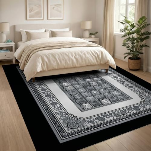 8'x10' Charcoal Gray Cat Motif with Vine Border Ultra-Soft Area Rug