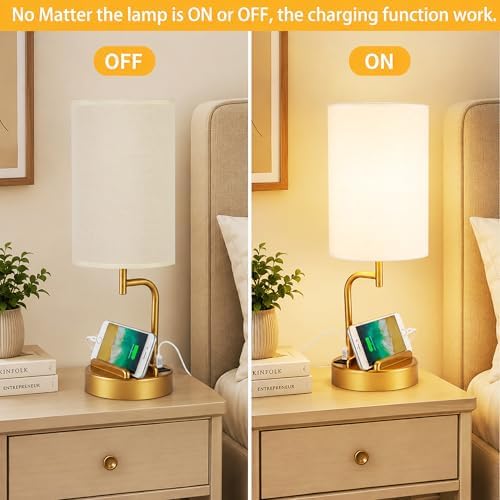 Dreamholder Touch Control USB Table Lamp with USB C/A & AC Outlet, 3-Way Dimmable Bedside Lamp, Modern Nightstand Lamps for Bedroom Living Room Guest Room Office, Bulb Included, Gold