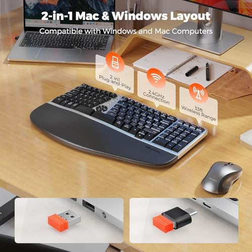 MEETION Ergonomic Wireless Keyboard and Mouse with Leather Palm Rest, Black
