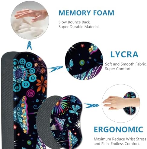 AIMSA Large Gaming Mouse Pad Set, Keyboard Wrist Rest Support+ Extended Mousepad+ Mouse Wrist Cushion+Coaster, Ergonomic Multifunctional Desk Mat 35x15.7in, Colorful Abstract Mushrooms
