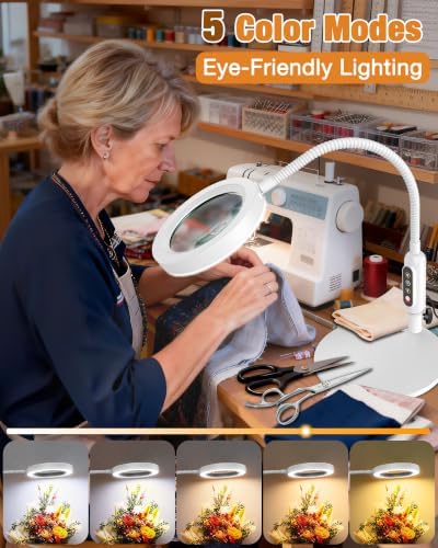 30X 10X Magnifying Glass with Light and Stand, 5 Color Modes Stepless Dimmable, Optical Grade HD Lens, LED Lighted Magnifier Hands Free with 20.5in Flexible Gooseneck for Close Work - White