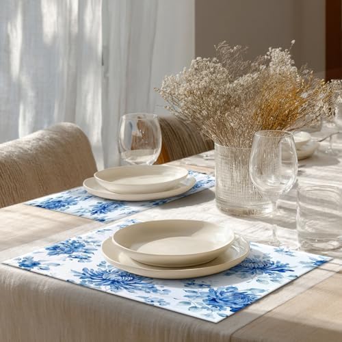Shrahala Blue Vintage Peony Set Of 4 12 X 18 Inch Linen Placemats , Midcentury Burlap Table Mat Washable Double Layered Heat Insulation For Indoor/Outdoor