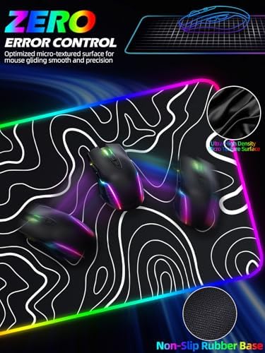 XXL Mouse Pad with Phone Holder - Black, RGB Desk Mat with 15W Fast Charging, LED Gaming Mousepad with 11 Light Colors, Waterproof Non-Slip Pad for Office & Home (Topographic)