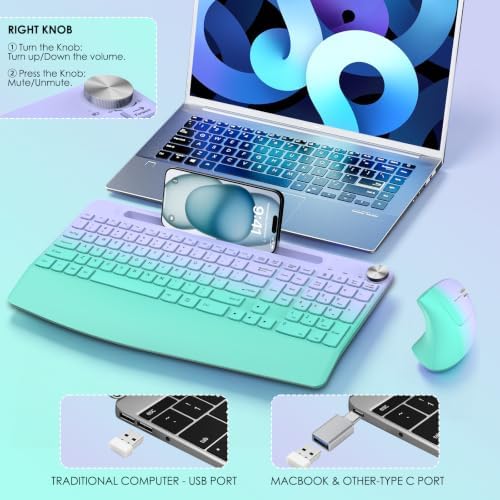 Full-Size Ergonomic Keyboard and Mouse, 2.4GHz Wireless Keyboard and Vertical Mouse with Tablet Phone Holder, Wrist Rest for Computer Mac PC Laptop Chromebook, Greenpurple