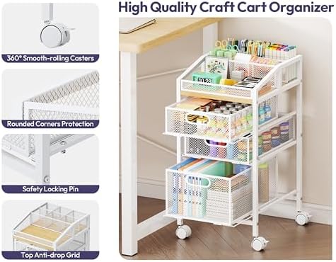 SWTYMIKI Rolling Utility Cart with Drawers - Under Desk Storage Cart with DIY Divider & Lockable Wheels, Multi-Functional Craft Art Supply Organizer for Office, Vanity, Craft Room & Studio White