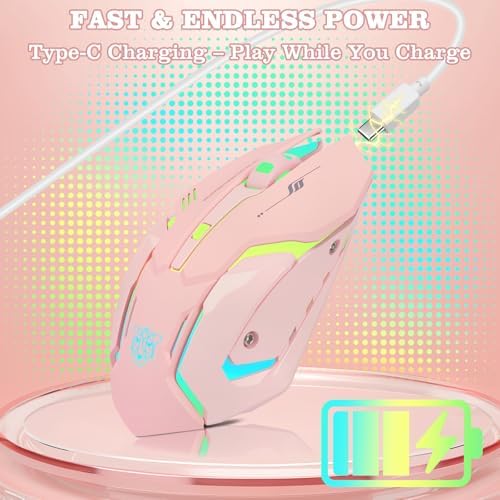 Wireless Gaming Mouse,Rechargeable Computer Mouse with Type-C Fast Charging, Ergonomic Mouse with 3 Adjustable DPI, 6 Silent Buttons, LED Light, Long Battery Life for Laptop, PC, Mac (Pink)