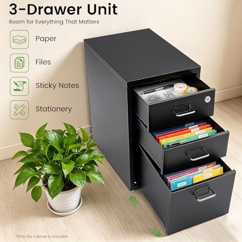 3 Drawer File Cabinet with Lock, Freestanding Filing Metal Drawers Organizer Vertical Metal Rolling Organizer Movable Under Desk Cabinet with Wheels for Home Office Living Room Study (3 Tiers Black)