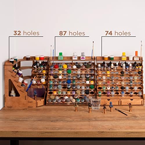 Plydolex Citadel Paint Organizer for 87 Bottles and 14 Brushes - Works for 10 ml Tamiya & 24 ml Citadel - Plywood Paint Rack with 6 Miniature Painting Stands for Warhammer 40K, DnD & Other Minis