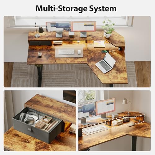 Agilestic 63*35 Inch L Shaped Standing Desk with Shelf & Led& Outlet, Brown