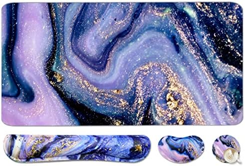 4-in-1 Large Gaming Mouse Pad, Keyboard Wrist Rest Pad & Wrist Support Mousepad Set, Extended Desk Pad Waterproof Desk Mat for Home Office Study Game - Purple Marble