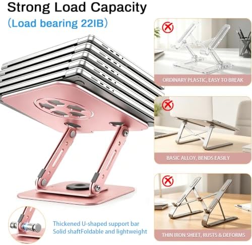 360°Rotating Laptop Stand, Ergonomic Adjustable Foldable Notebook Riser, Metal Computer Holder Compatible with 10-17.3" Laptops, Desktop Printer Stand, for Home & Office (Pink)