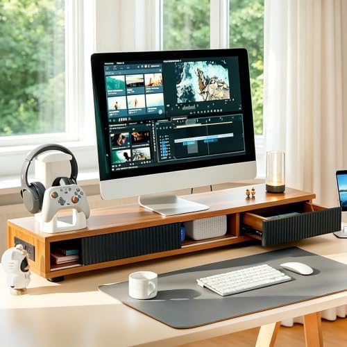 Artswish Dual Monitor Stand with Power Outlet, 42" Walnut Monitor Riser