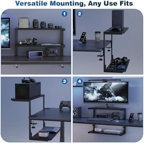 2-Tier Desk Extender, 22-inch Clamp-On Desk Shelf, Height-Adjustable Desktop Shelf Organizer for Monitors Office and Gaming Accessories, Arm Support Table Extension, Black