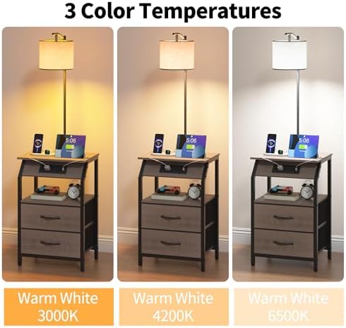 End Table with Floor Lamp, Nightstand with Charging Station, Floor Lamp Table with 3-Color Temperature Bulb, Bedside Table Night Stand with 2 Drawers for Bedroom, Living Room, Greige