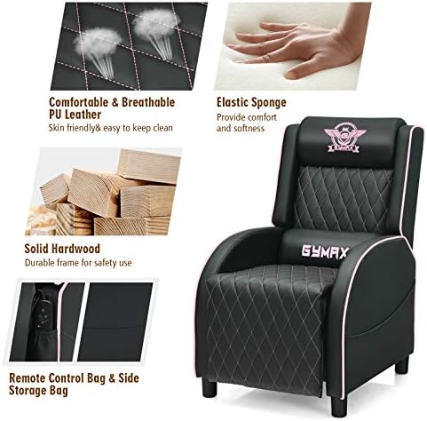 GYMAX Massage Gaming Recliner Chair, Ergonomic Racing Style Single Sofa with Adjustable Headrest, Backrest & Footrest, Home Theater Sofa for Living Room Office (Pink)