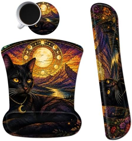 3-in-1 Ergonomic Memory Foam Keyboard Wrist Rest Pad Set, Colored Glass Cat