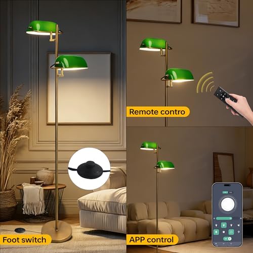 FIRVRE Bankers Floor Lamp for Living Room, Vintage Floor Lamp with Foot Switch,Remote Control Standing Lamp with Glass Lampshade, Antique Green Floor Light for Bedroom Office
