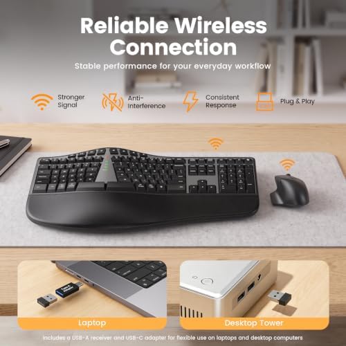 SABLUTE Ergonomic Wireless Keyboard and Mouse, Rechargeable, Split, Win/Mac
