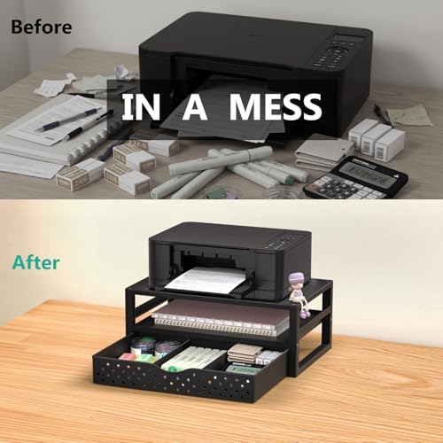 WALI Desk Organizer with Drawer，Computer Monitor Stand with Storage, Desk Organizers and Accessories for Computer, Printer, Laptop Riser for Home Office Supplies, (PTT005-B), 1 Pack, Black