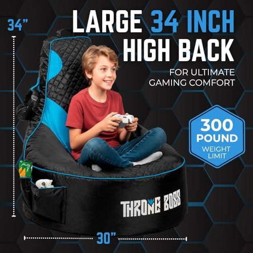 Gaming Bean Bag Chair Cover for Kids, High Back, Large Pockets, Blue