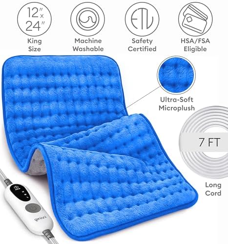 GENIANI Electric Heating Pad for Back Pain & Cramps Relief, Electric Throw, Auto Shut Off, Machine Washable, Moist Heat Pad for Neck & Shoulder, 12x24 Electric Blue