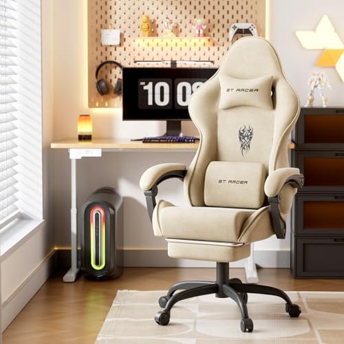 Huracan Ergonomic Gaming Chair with Massage Lumbar Cushion, High‑Back Reclining Velvet Fabric Chair with Footrest for Home Use, Adjustable Racing‑Style Gamer Chair for Work and Streaming, Beige
