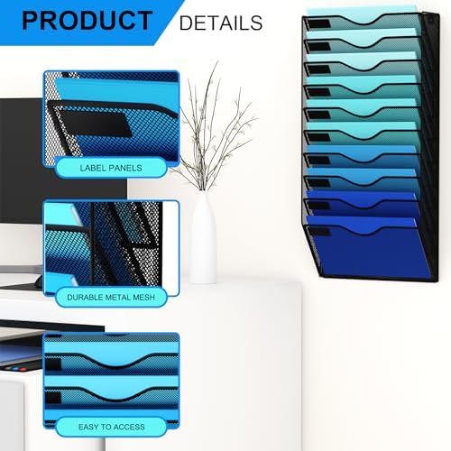 10 Pockets Hanging Wall File Organizer Mail Holder, Wall Mounted Paper Document Folder Holder, Clipboard Storage Organization Magazine Rack, Black