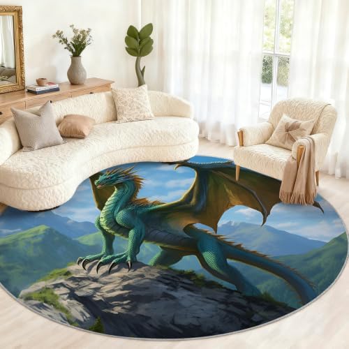 Dragon Round Area Rug - 6.6ft Western Dragon Round Rug for Living Room, Boy's Room Playroom Circle Rugs Soft Non-Slip Carpet for Bedroom Kiks Room Dining Table Decor Mat