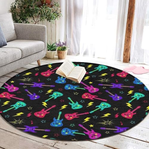 Men's Large Home Decor Mat, Soft Round Yoga Carpet, Non Slip Machine Washable Home Office Circle Rug Trippy Neon Electric Guitars, 24inch