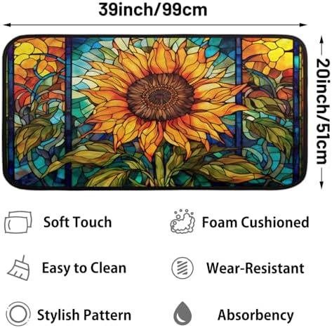 Kitchen Mats, Glass Sunflower Kitchen Rugs, Cushioned Anti Fatigue Kitchen Mats, Non-Slip Standing Desk Mat, Absorbent Kitchen Rug for Floor, Kitchen, Office, Sink, 20"×39"