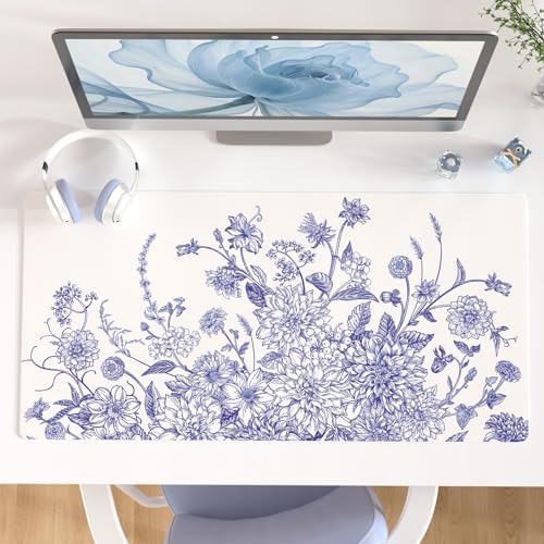 Colorful Star Large Mouse Pad, Floral Desk Mat Office Supplies, Waterproof Faux Leather Big Gaming Mousepad for Women Girls, Vintage Blue Flowers Desk Pad Home Office Décor Accessories 31.5" x 15.7"