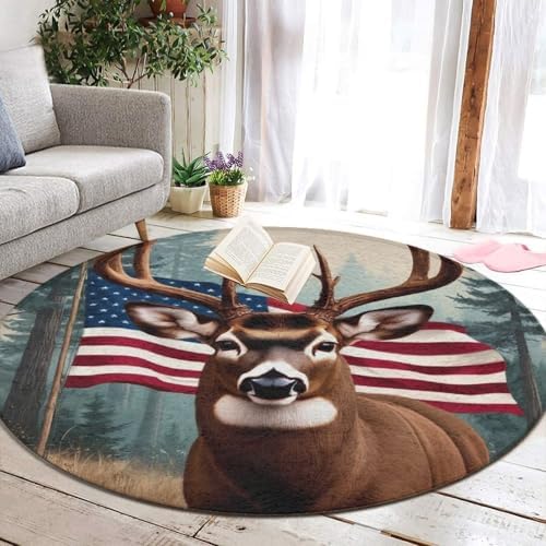 Men's Large Home Decor Mat, Soft Round Yoga Carpet, Non Slip Machine Washable Home Office Circle Rug American Flag Hunting Camo Tree Deer